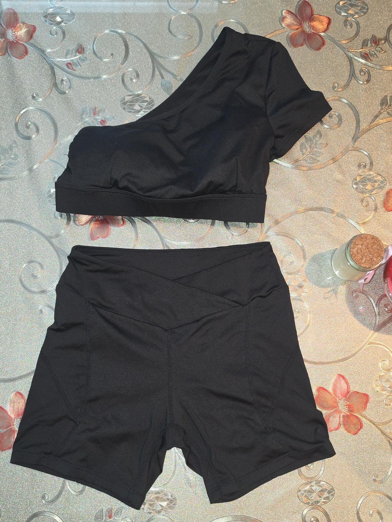 Black One-Shoulder Sports Bra And High-Waist Workout Shorts Set Small